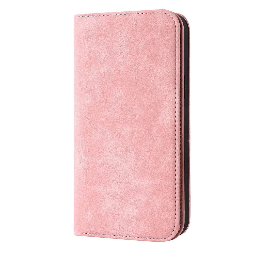 Pink leather phone wallet with stitched edges and side access flap