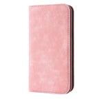 Pink leather phone wallet with stitched edges and side access flap