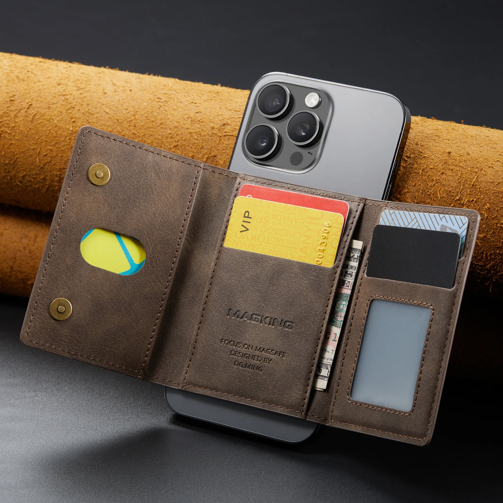 Dark brown slim leather wallet with card slots, holding cards