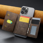 Dark brown slim leather wallet with card slots, holding cards
