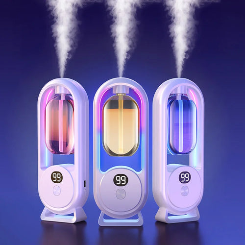 Portable rechargeable aroma diffuser with white body and glowing blue light chamber