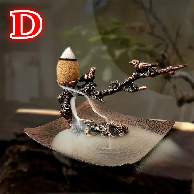 Plum branch incense stand on curved leaf basin, cone incense with smoke