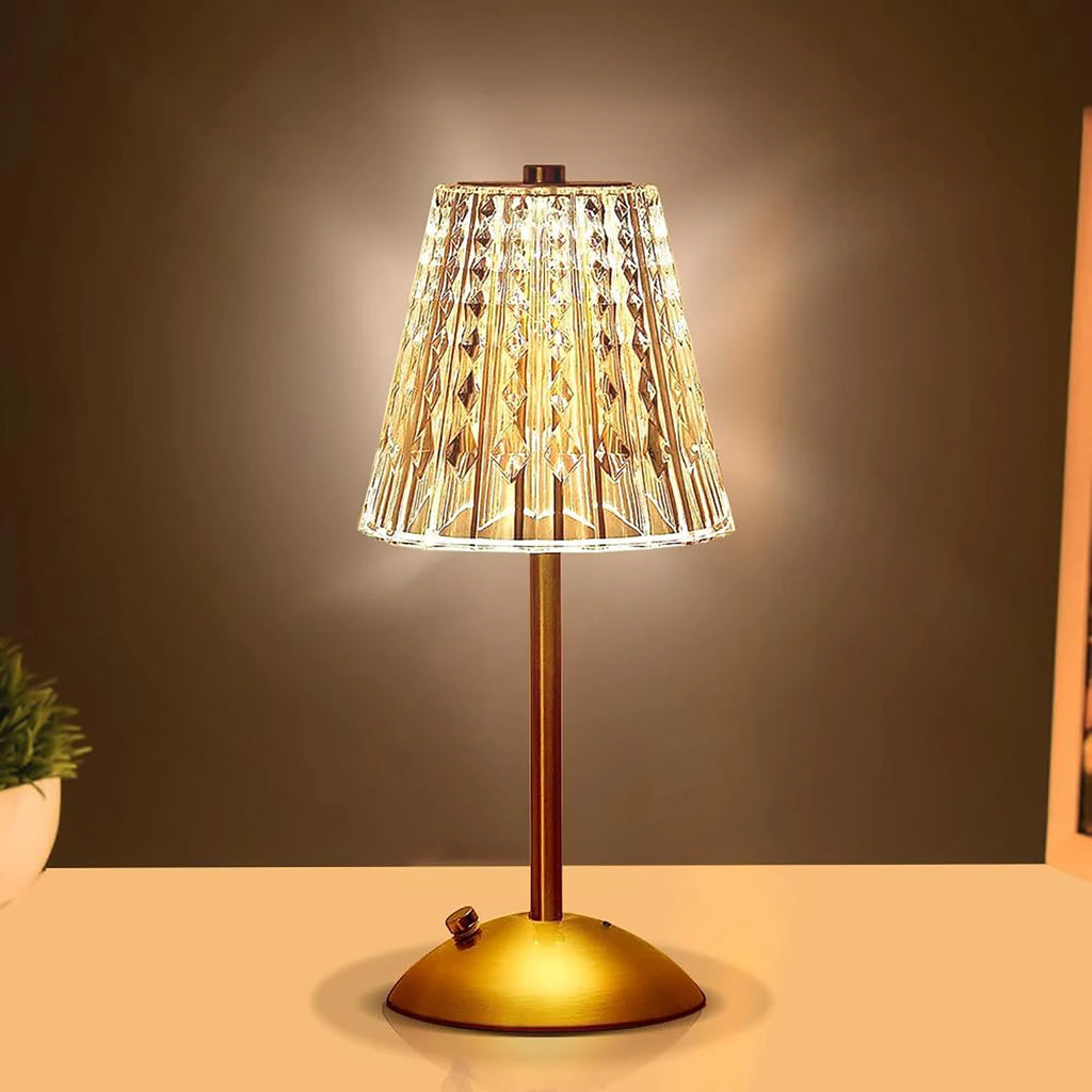 Champagne gold crystal table lamp with patterned fabric shade and gold base