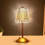 Champagne gold crystal table lamp with patterned fabric shade and gold base