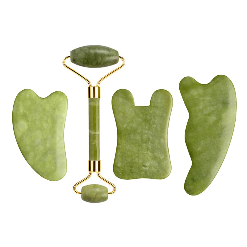 Nephrite jade gua sha set: heart and leaf scrapers with gold frames