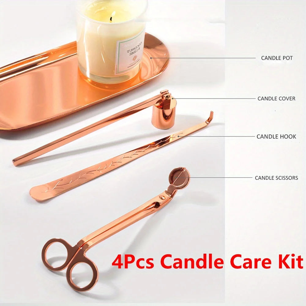 Rose-toned 4-piece candle care kit with candle pot cover hook and scissors