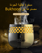 Seven-Light Electric Bakhoor Burner, gold with honeycomb hex light and visible rising smoke