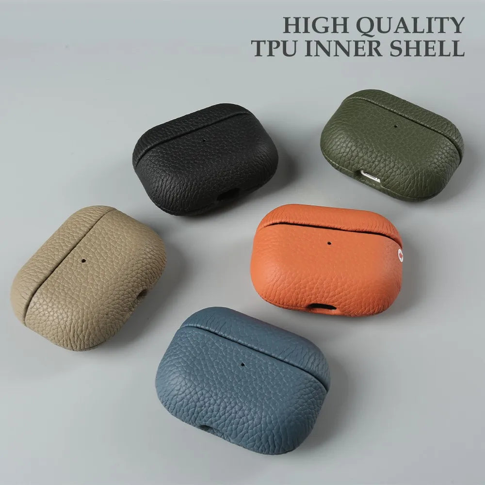 Assorted cowhide leather AirPods cases in black, green, orange, and blue