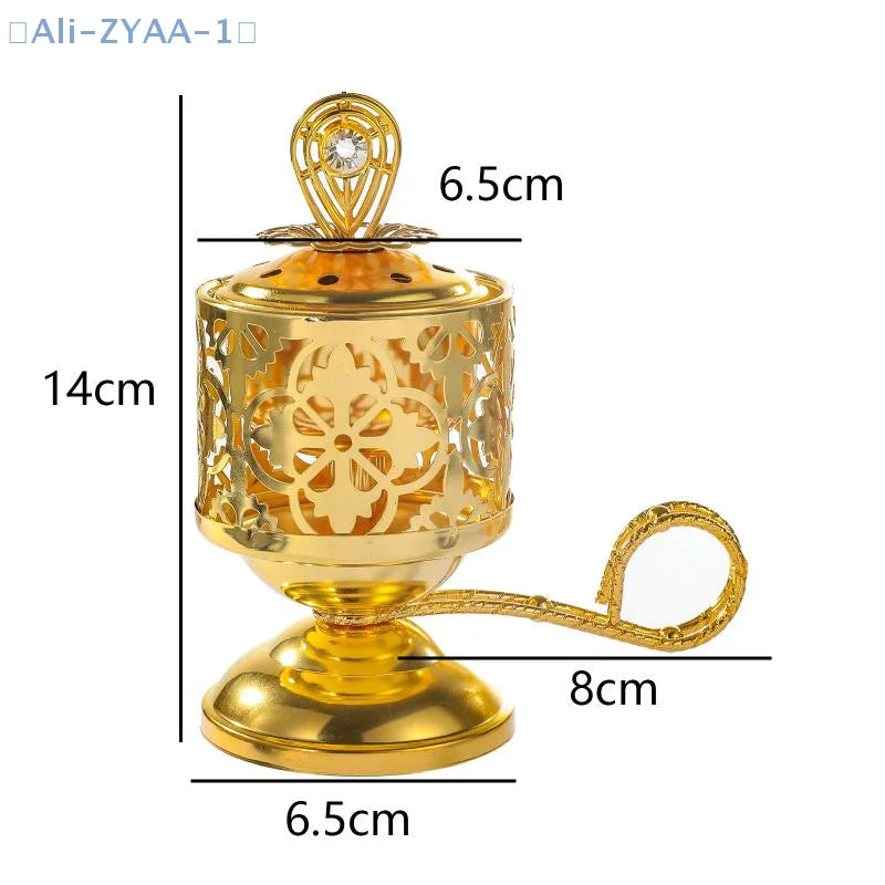 Arabesque incense burner dimensions: 14 cm height, 6.5 cm top, 8 cm base, gold