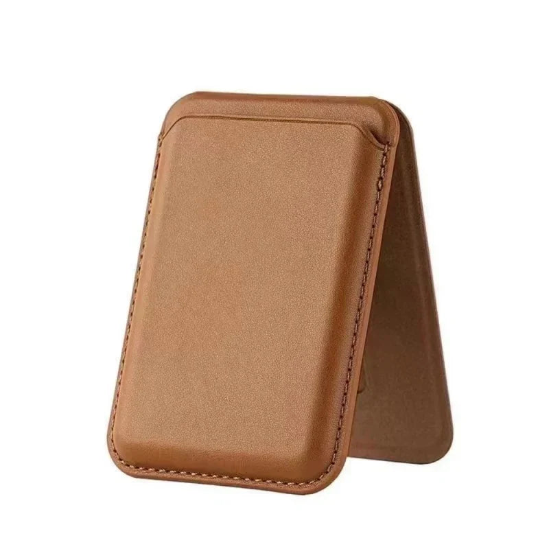 Magnetic stand wallet, tan brown faux leather with stitched edges