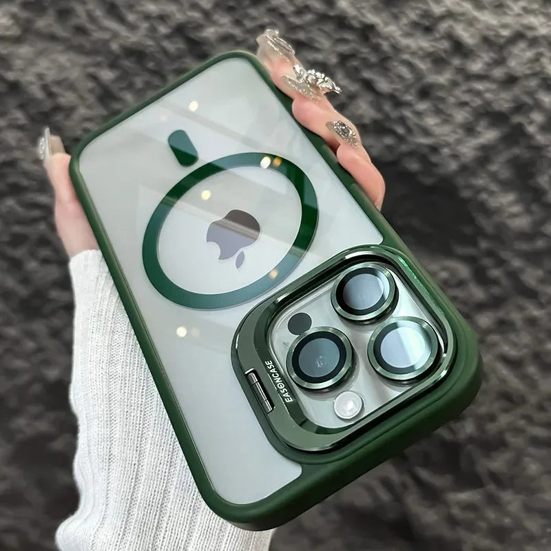 Light green phone case with magnetic lens ring and triple camera cover, dark green frame
