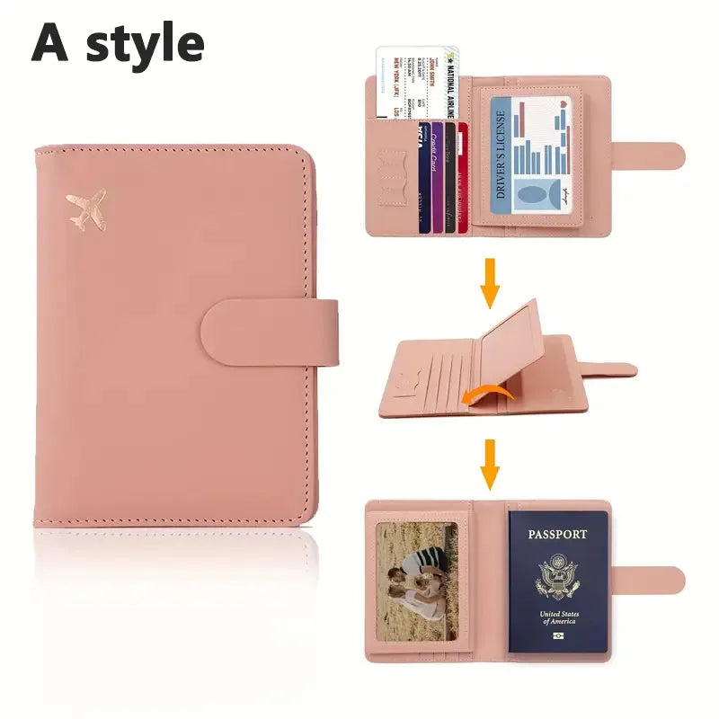 Blush pink passport wallet showing card and photo slots with folio strap