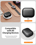 Black leather AirPods Pro 3 case with keychain loop, on charging dock