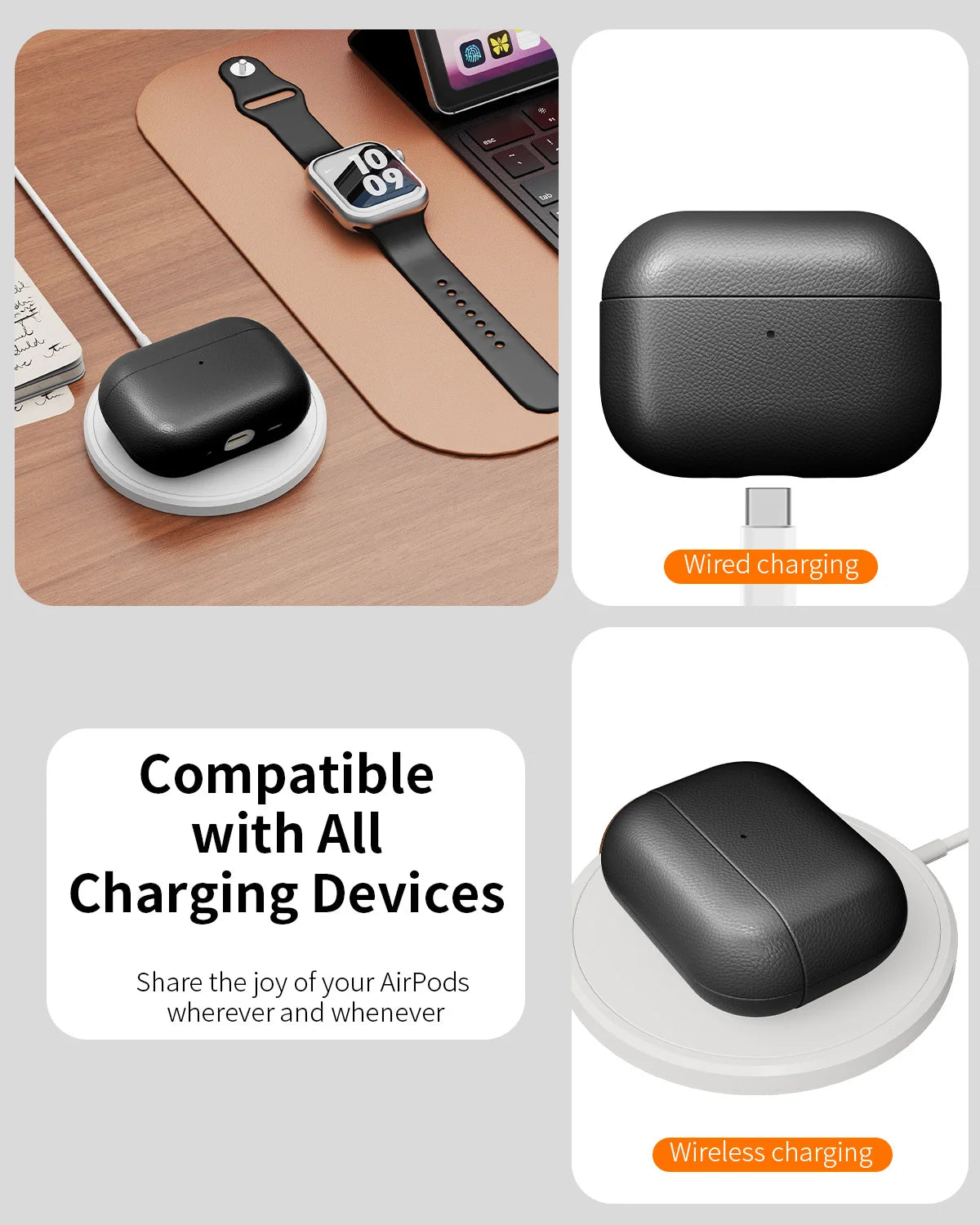 Black leather AirPods Pro 3 case with keychain loop, on charging dock