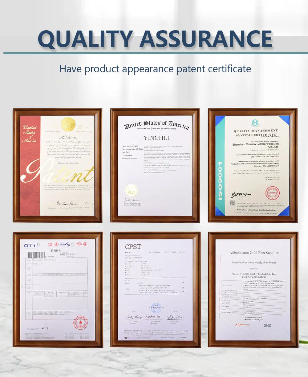 Quality assurance certificates displayed in framed documents