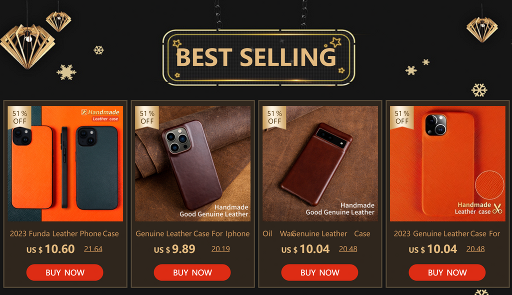 Promotional banner showing leather AirPods case options in orange and green