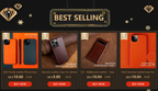 Promotional banner showing leather AirPods case options in orange and green