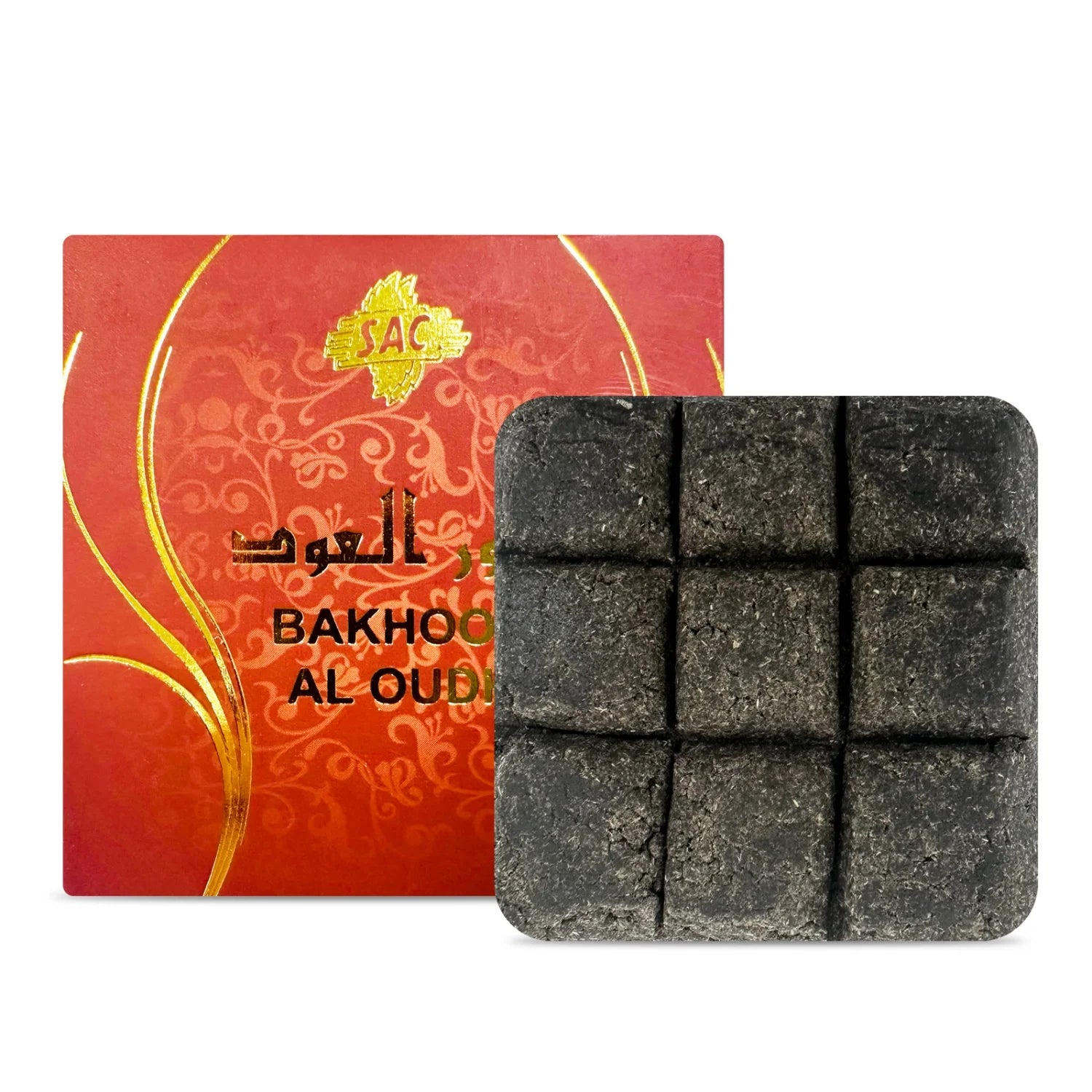 Incense fragrance bricks with dark square blocks and red BAKHOOR AL OUD box