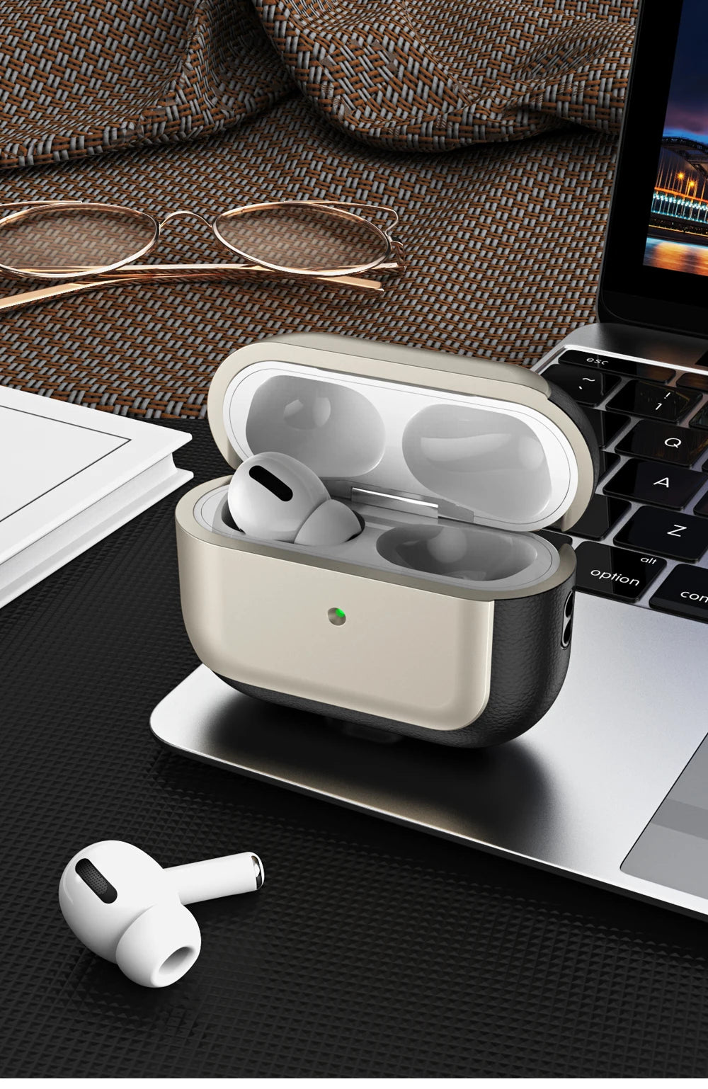 Open earphone case with earbuds inside, leather-style cover, light gray, with lanyard strap