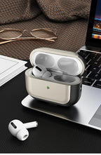 Open earphone case with earbuds inside, leather-style cover, light gray, with lanyard strap