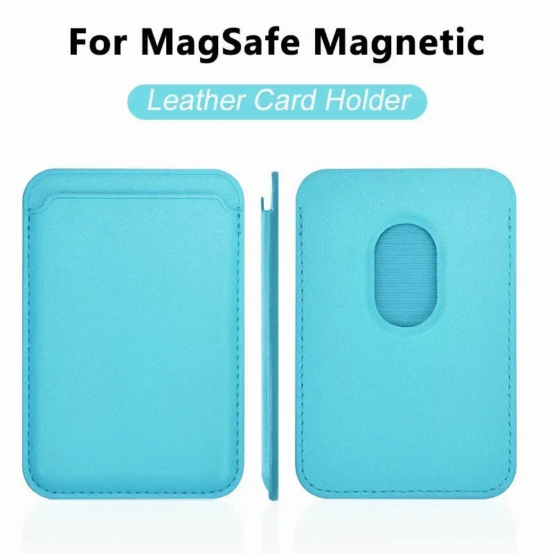 Magnetic card holder, sea blue leather; front pocket, back oval slot, side magnet strip