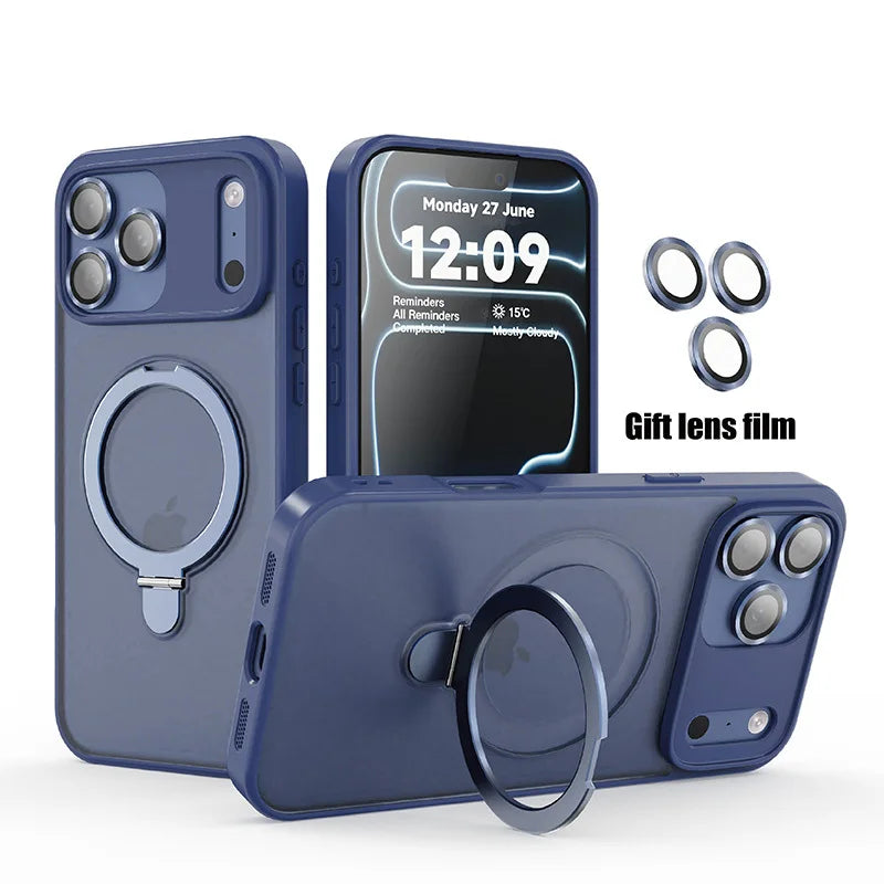 Matte MagSafe phone case with ring holder, blue finish, camera cutouts and raised edges