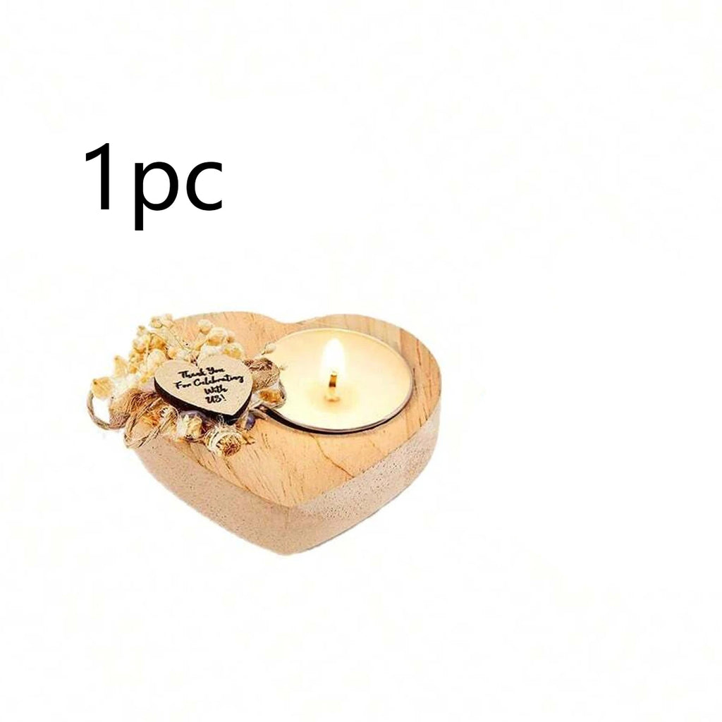1 pc heart-shaped scented candle favor in a wooden holder with floral tag and wick