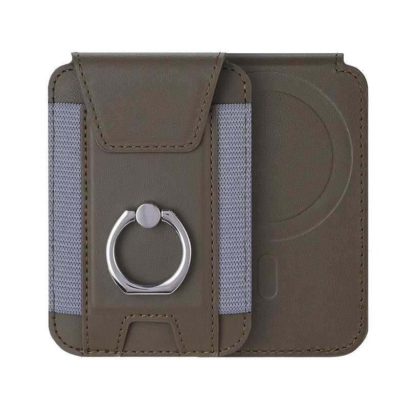 Khaki magnetic card wallet with ring clasp and card-slot strap detail