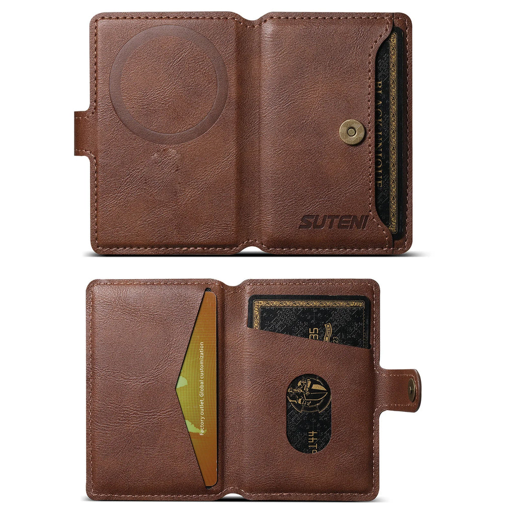 Brown leather phone wallet opened to show card slots and magnetic snap button