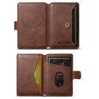 Brown leather phone wallet opened to show card slots and magnetic snap button
