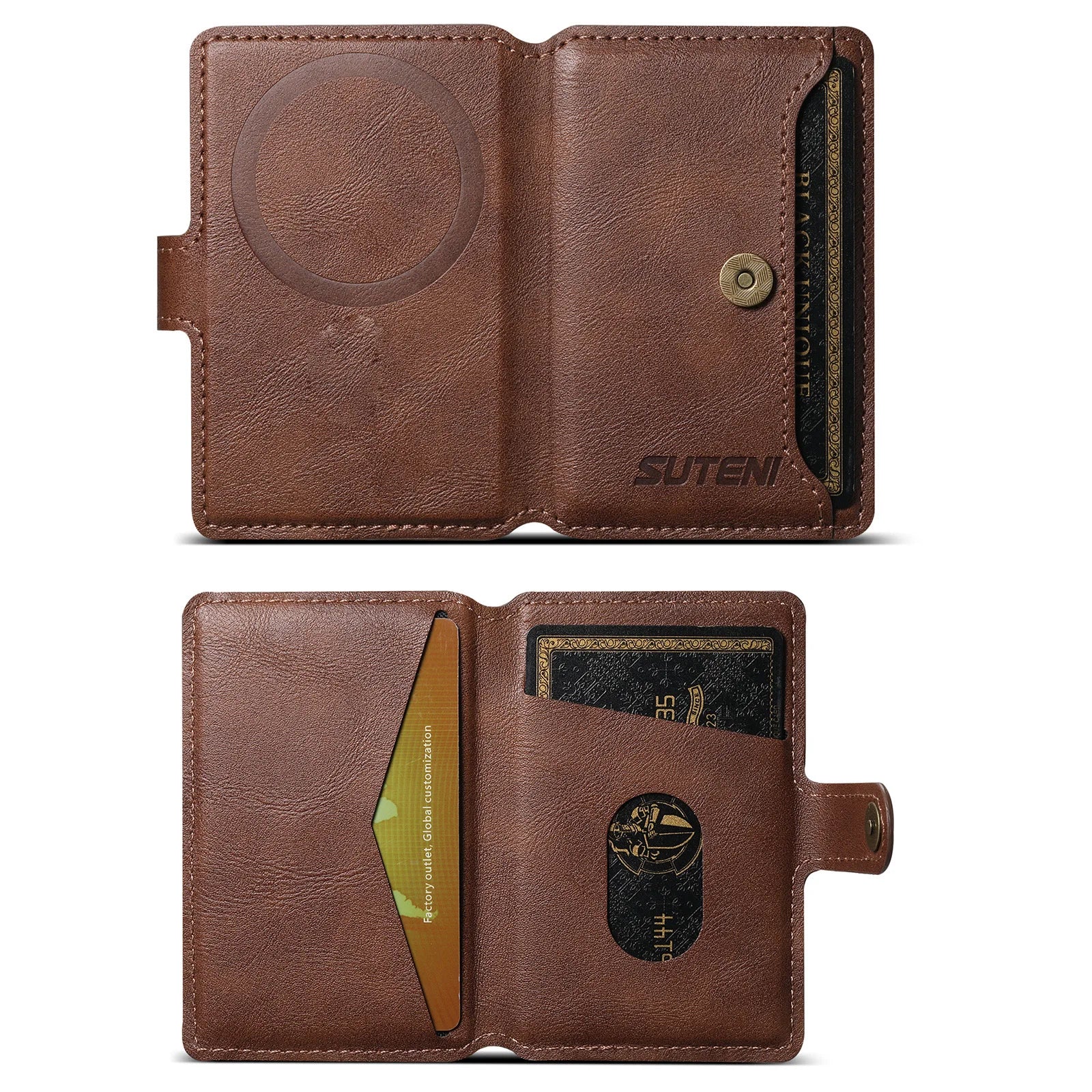 Brown leather phone wallet opened to show card slots and magnetic snap button