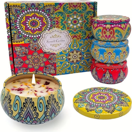 4-piece scented candle set in colorful patterned jars, with two lids and three flames