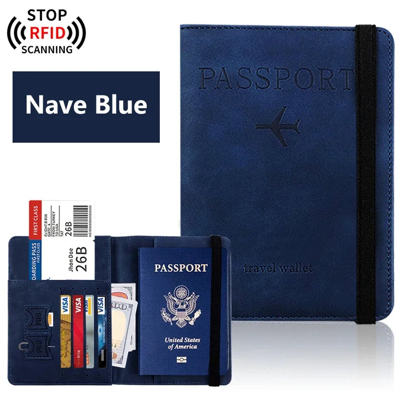 Navy blue RFID passport wallet with airplane emblem and passport-sized card slots