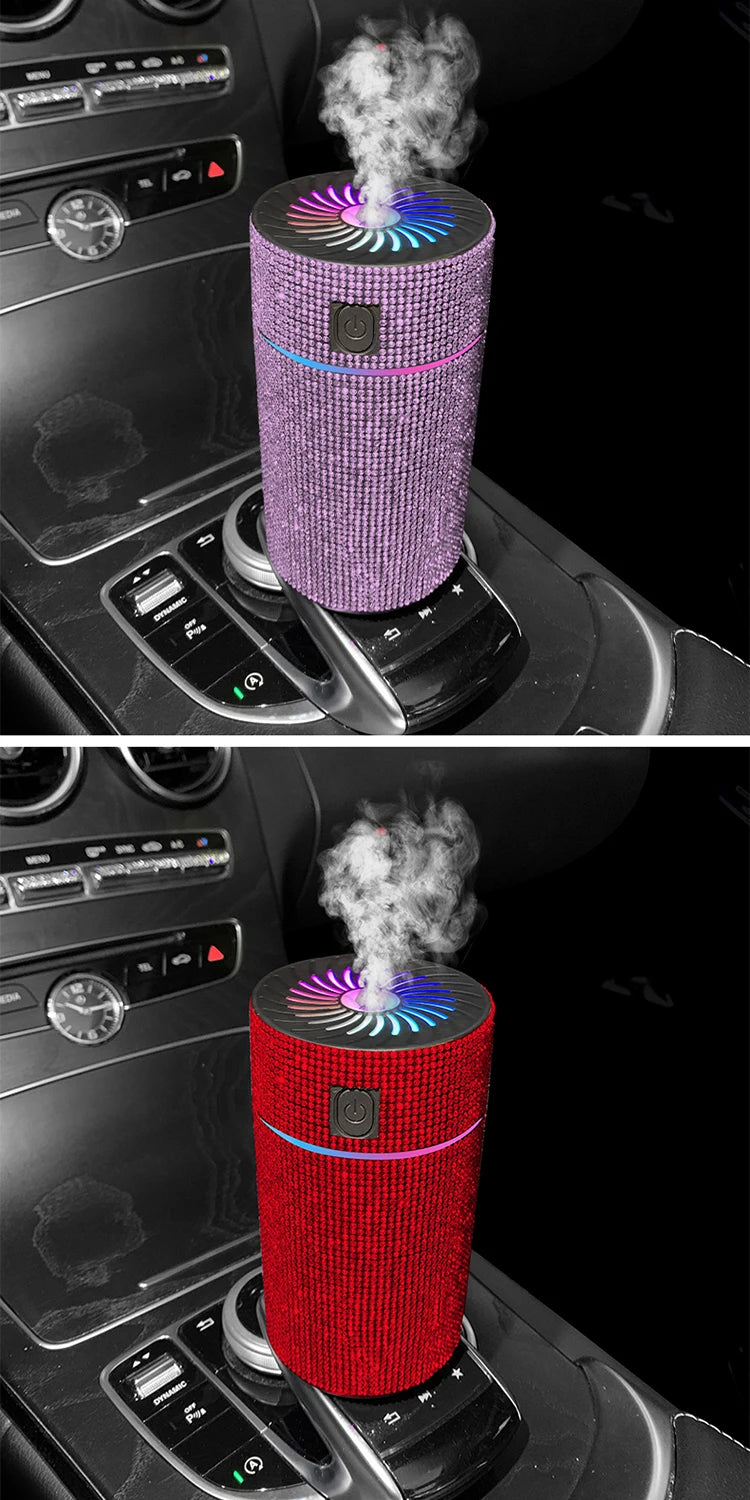 Car aroma diffuser, pink (upper) and red (lower) glitter cylinders with smoke