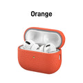 Orange leather AirPods Pro case with lid open, earbuds visible inside