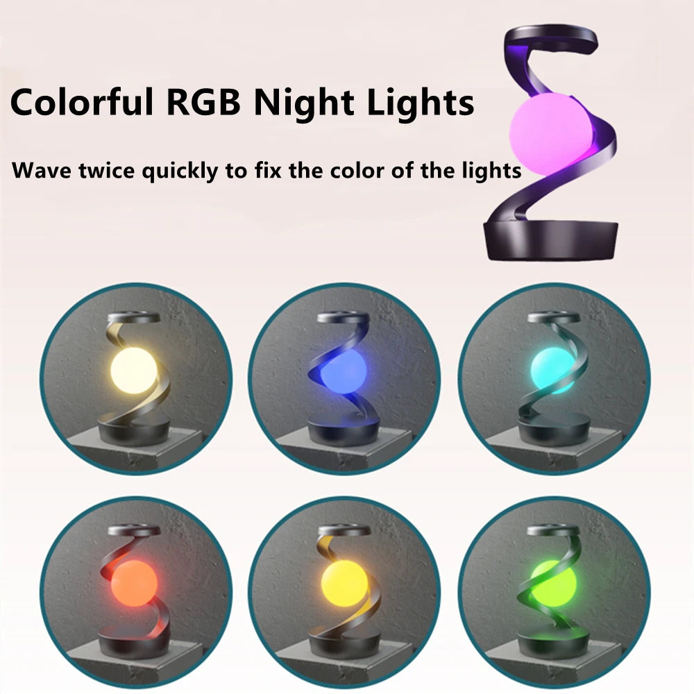 Floating RGB night light lamp with purple-pink glowing orb, rotating suspension design