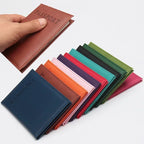 Classic travel passport sleeve, reddish-brown cover, hand holding open, stitched edges