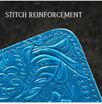 Blue embossed leather folio corner with reinforced stitching detail along the seam.