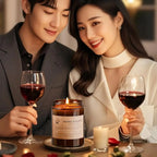 Amber scented candle jar lit on table between two wine glasses in glass cups