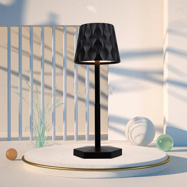 Obsidian rippled lampshade with slender stand on minimalist square base