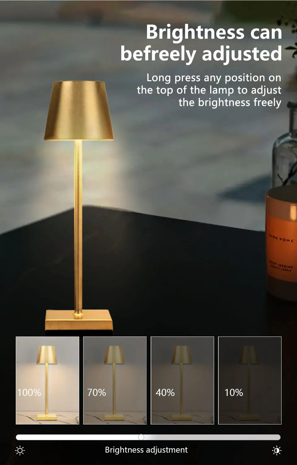 Champagne gold rechargeable desk lamp with adjustable brightness from top button