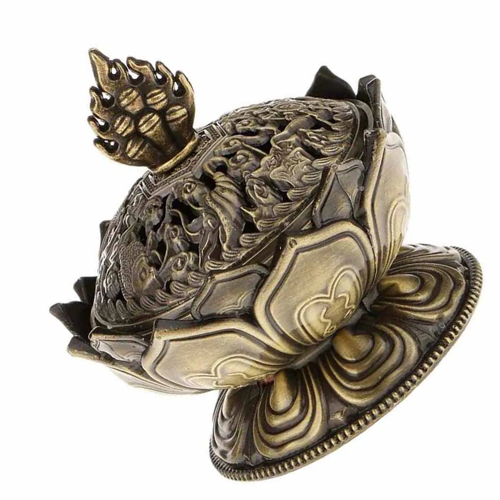 Antique bronze lotus incense burner angled view with ornate relief details and petal rim
