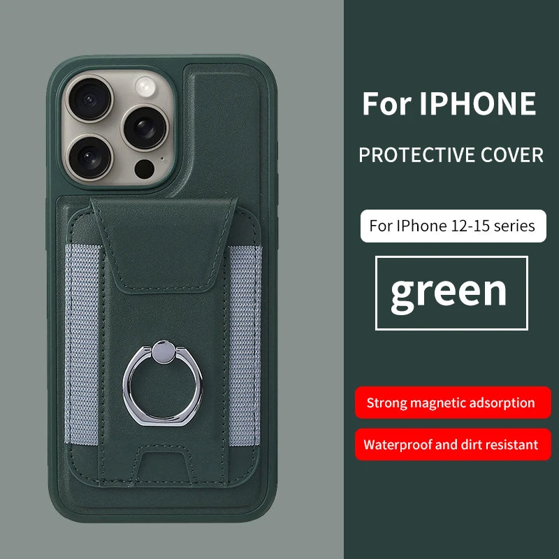 Green magnetic card wallet with ring clasp and textured card slots