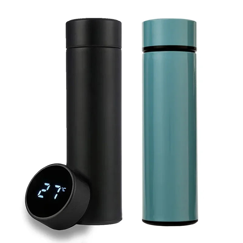 Dual-wall smart thermos set: black and teal upright bottles with LED base