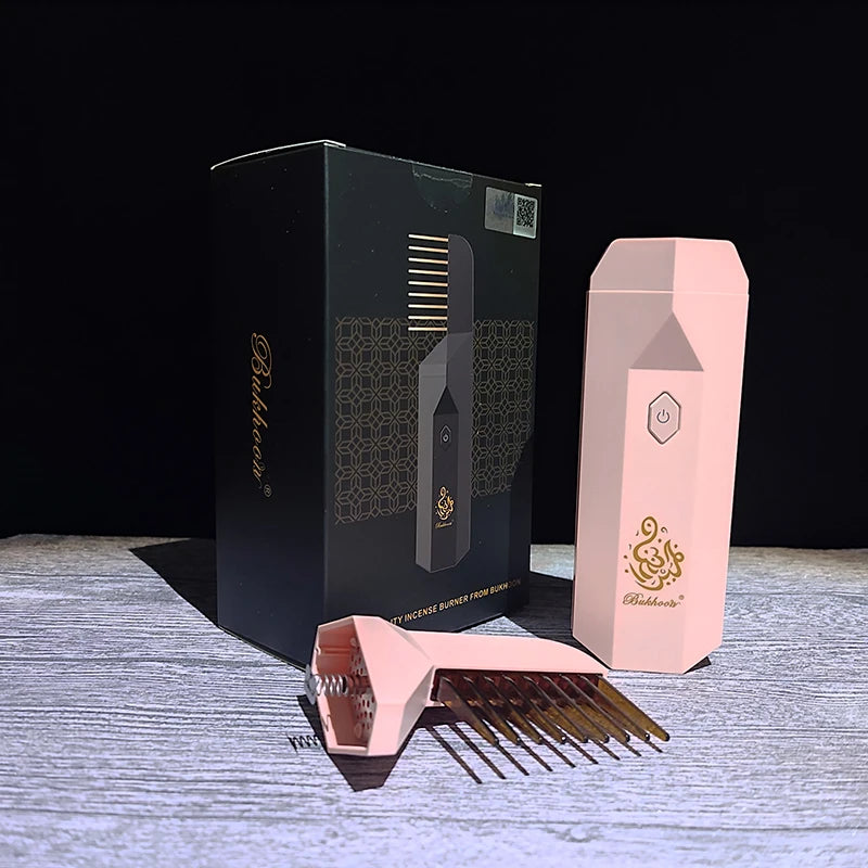 USB incense burner with black packaging and light pink burner, plus metal comb accessory.
