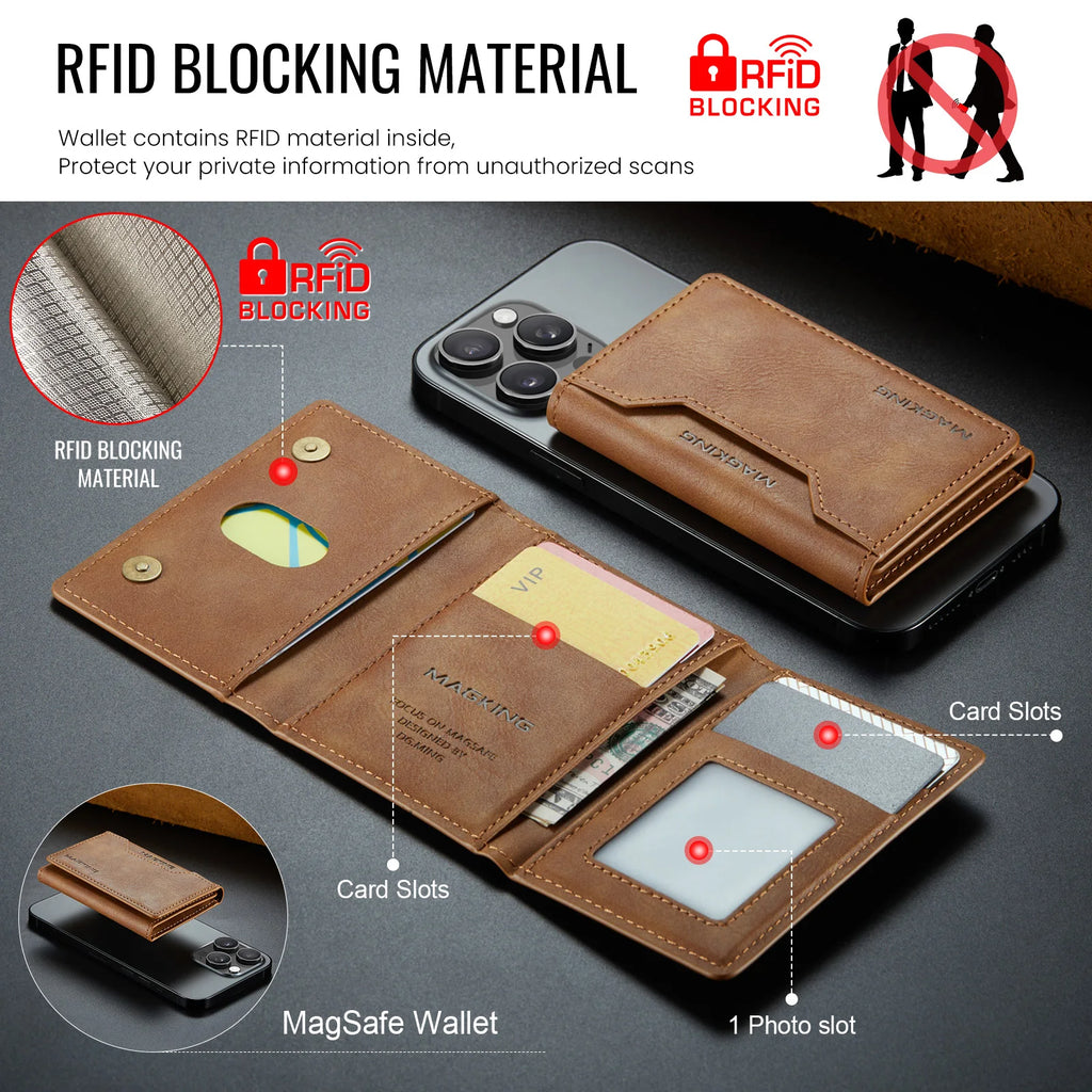 Slim leather wallet, brown, open view with multiple card slots and photo window.