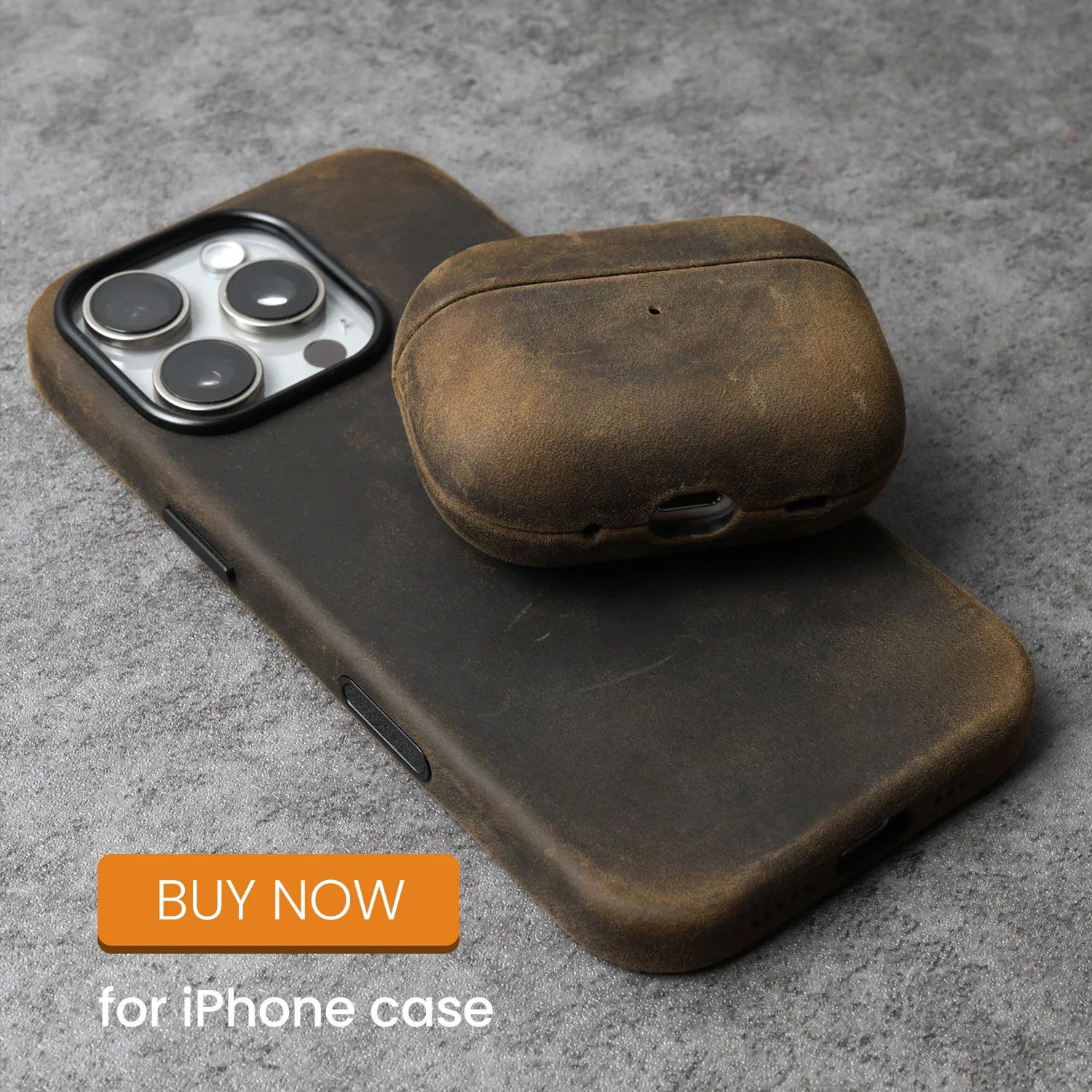 Olive-brown leather AirPods case with smooth curved top and bottom port opening