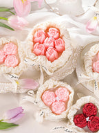 Romantic Bouquet Candle gift box with pink rose-shaped candles in cream ruffled wrap