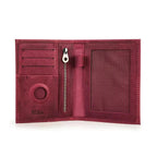 Cardinal red leather passport wallet interior with card slots, zipper pocket, and round AirTag window