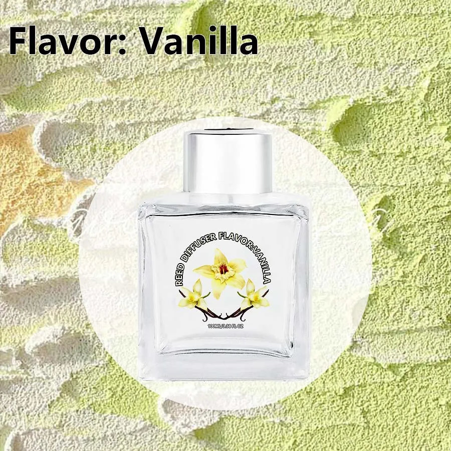 Vanilla 100ml reed diffuser bottle with black reeds and yellow vanilla blossoms